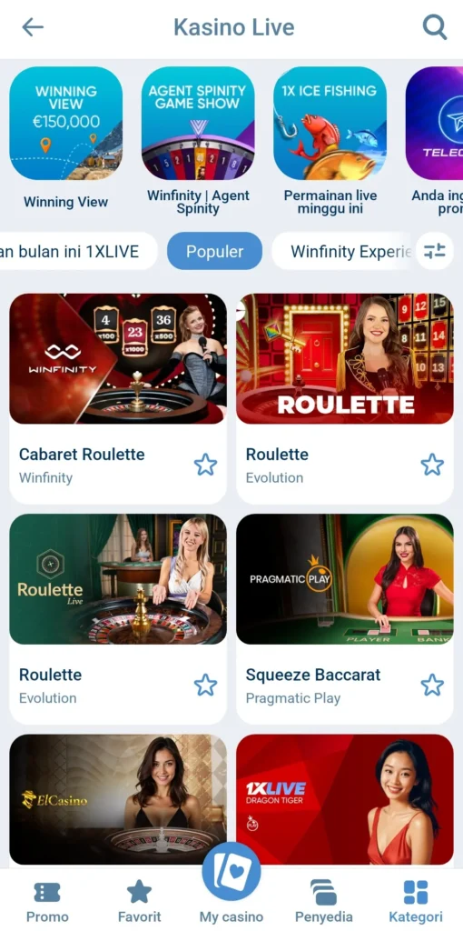 Live Casino dalam 1xBet mobile app
